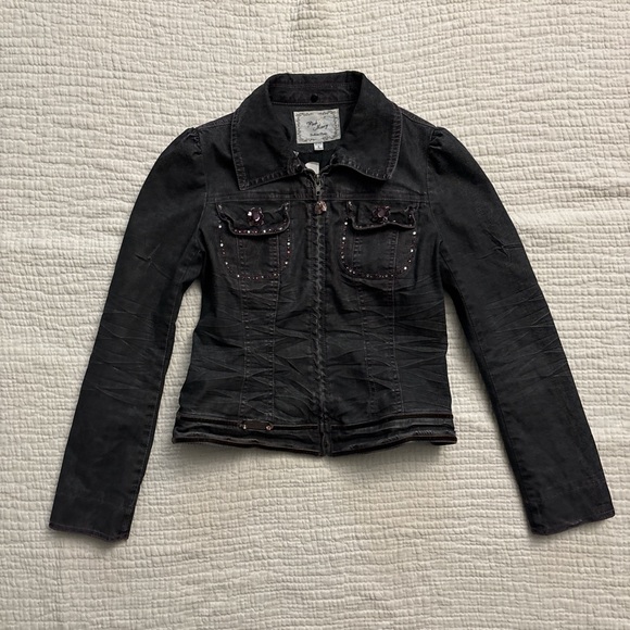 y2k bejeweled black/grey denim jacket ੈ✩‧₊ - Picture 3 of 6